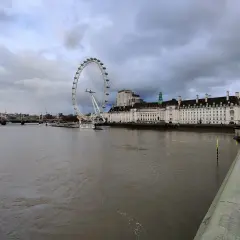 Widok na Tamizę i diabelski młyn w Londynie pod pochmurnym niebem.