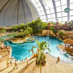 Tropikalny aquapark pod Berlinem z basenami, palmami i chatkami.