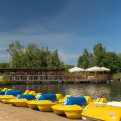 Żółte rowerki wodne czekają na plaży nad zalewem żyrardowskim. W tle drewniana kładka i zielone drzewa.