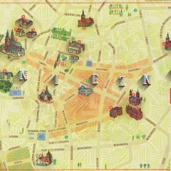 Mapa atrakcji Gniezna i okolic: Trakt Królewski z zaznaczonymi zabytkami, kościołami i muzeami.