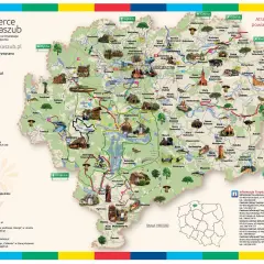 Mapa pokazuje, gdzie są Kaszuby, z zaznaczonymi szlakami rowerowymi, kajakowymi i pieszymi w powiecie kościerskim.