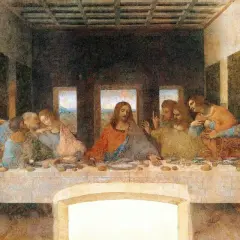 Ostatnia wieczerza oryginał Leonarda da Vinci. Jezus pośród apostołów przy stole.