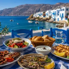 Pyszny obiad w Grecji: grillowane ryby, kalmary, sałatka grecka i souvlaki. Zastanawiasz się, ile kosztuje obiad w Grecji? Taka uczta nad morzem to marzenie!