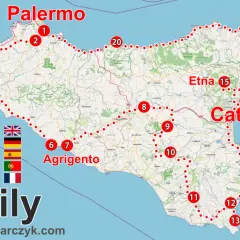 Mapa Sycylii z zaznaczonym Palermo na północnym wybrzeżu, Etna i Katania na wschodzie, Agrigento na południu. Gdzie leży Palermo? Na północy wyspy.