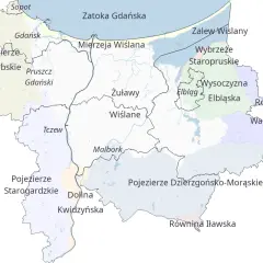 Mapa regionu z zaznaczonymi Żuławami Wiślanymi, Zalewem Wiślanym i innymi atrakcjami przyrodniczymi.