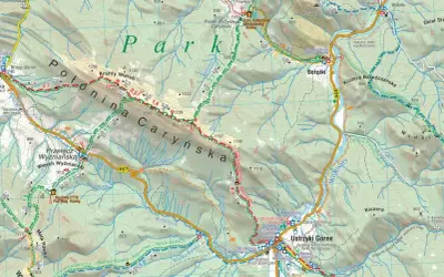 Mapa turystyczna z zaznaczonymi szlakami i punktami widokowymi. Gdzie są Bieszczady? Właśnie tutaj, na Połoninie Caryńskiej i w okolicach Ustrzyk Górnych.