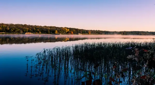 Poranek nad jeziorem, mgła unosi się nad wodą, drzewa w jesiennych barwach tworzą malowniczy krajobraz, niczym szwajcarskie Kaszuby.