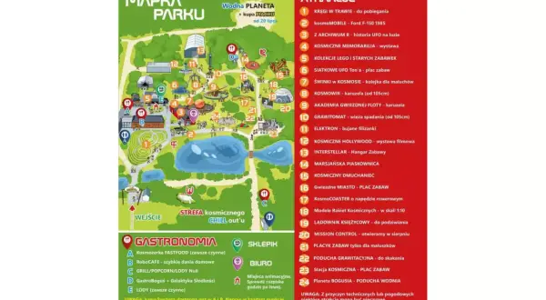 Mapa parku z atrakcjami dla dzieci mazowieckie zimą. Znajdują się tu m.in. kosmiczne atrakcje, plac zabaw i karuzele.