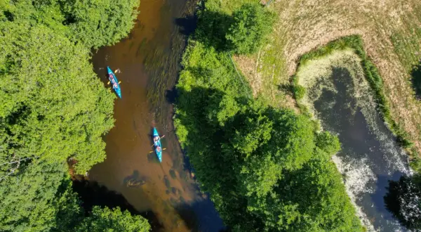 Dwie kajaki płynące malowniczą rzeką na Kociewiu, otoczone bujną zielenią drzew.
