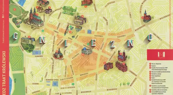 Mapa atrakcji Gniezna i okolic: Trakt Królewski z zaznaczonymi zabytkami, kościołami i muzeami.