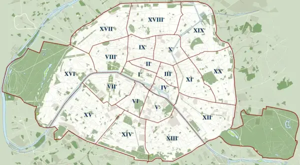Mapa Paryża z podziałem na dzielnice. Dzielnica 13, choć na mapie wygląda na spokojną, wymaga szczególnej uwagi w kwestii bezpieczeństwa.