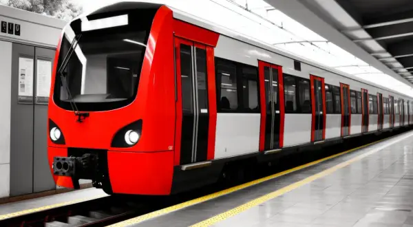 Nowoczesny pociąg z czerwonymi i białymi pasami na peronie. Wyobraź sobie, że to przyszłe wilno metro.