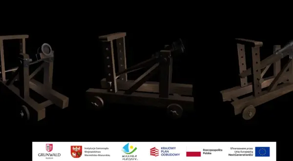 Trzy drewniane machiny oblężnicze, które mogą być atrakcje w Grunwaldzie.