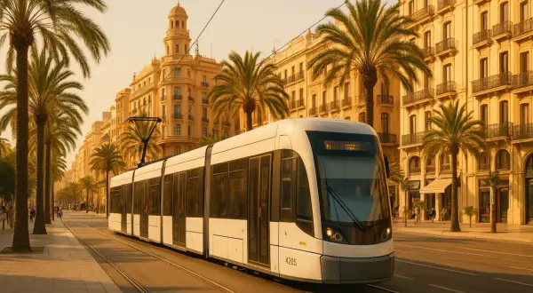 Nowoczesny tramwaj jedzie ulicą w Walencji, otoczoną palmami i zabytkowymi kamienicami.