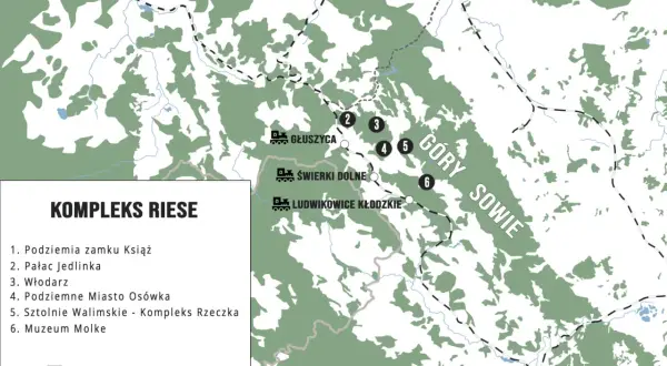 Mapa turystyczna prezentująca kompleks Riese z zaznaczonymi punktami: Podziemia zamku Książ, Pałac Jedlinka, Włodarz, Podziemne Miasto Osówka, Sztolnie Walimskie, Muzeum Molke.