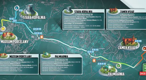Mapa atrakcji Wałbrzycha i okolic: Stara Kopalnia, Muzeum Porcelany, Zamek Książ, Palmiarnia. Zaplanuj swoje wycieczki!