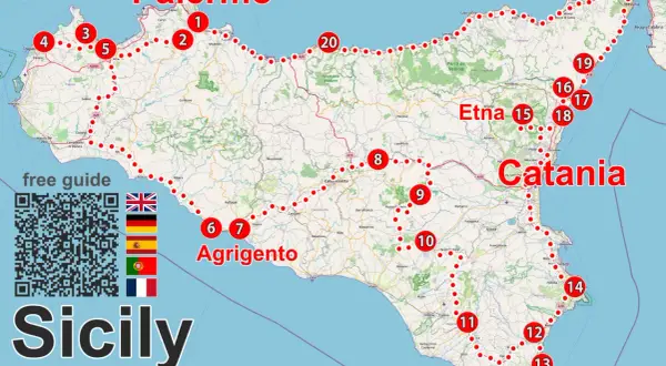 Mapa Sycylii z zaznaczonym Palermo na północnym wybrzeżu, Etna i Katania na wschodzie, Agrigento na południu. Gdzie leży Palermo? Na północy wyspy.
