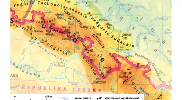 Mapa przedstawia polskie góry, w tym Karkonosze, Sudety i inne pasma. Widoczne są rzeki, jeziora i granice państw.