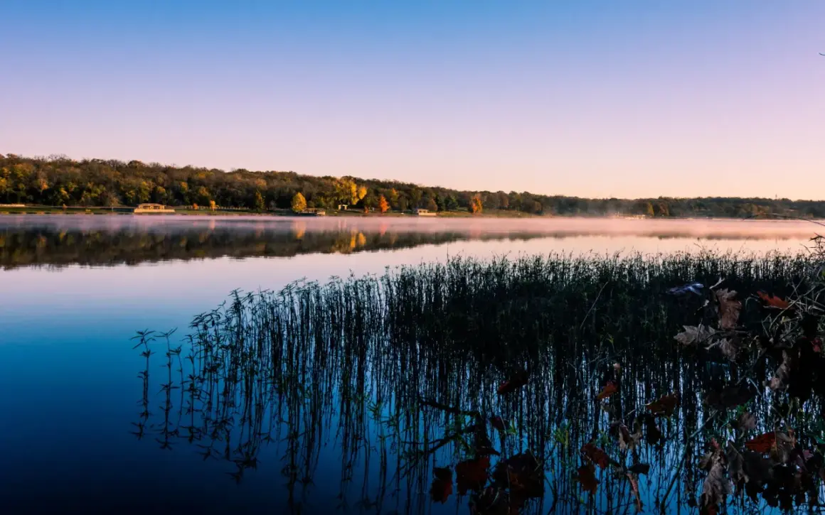 Poranek nad jeziorem, mgła unosi się nad wodą, drzewa w jesiennych barwach tworzą malowniczy krajobraz, niczym szwajcarskie Kaszuby.