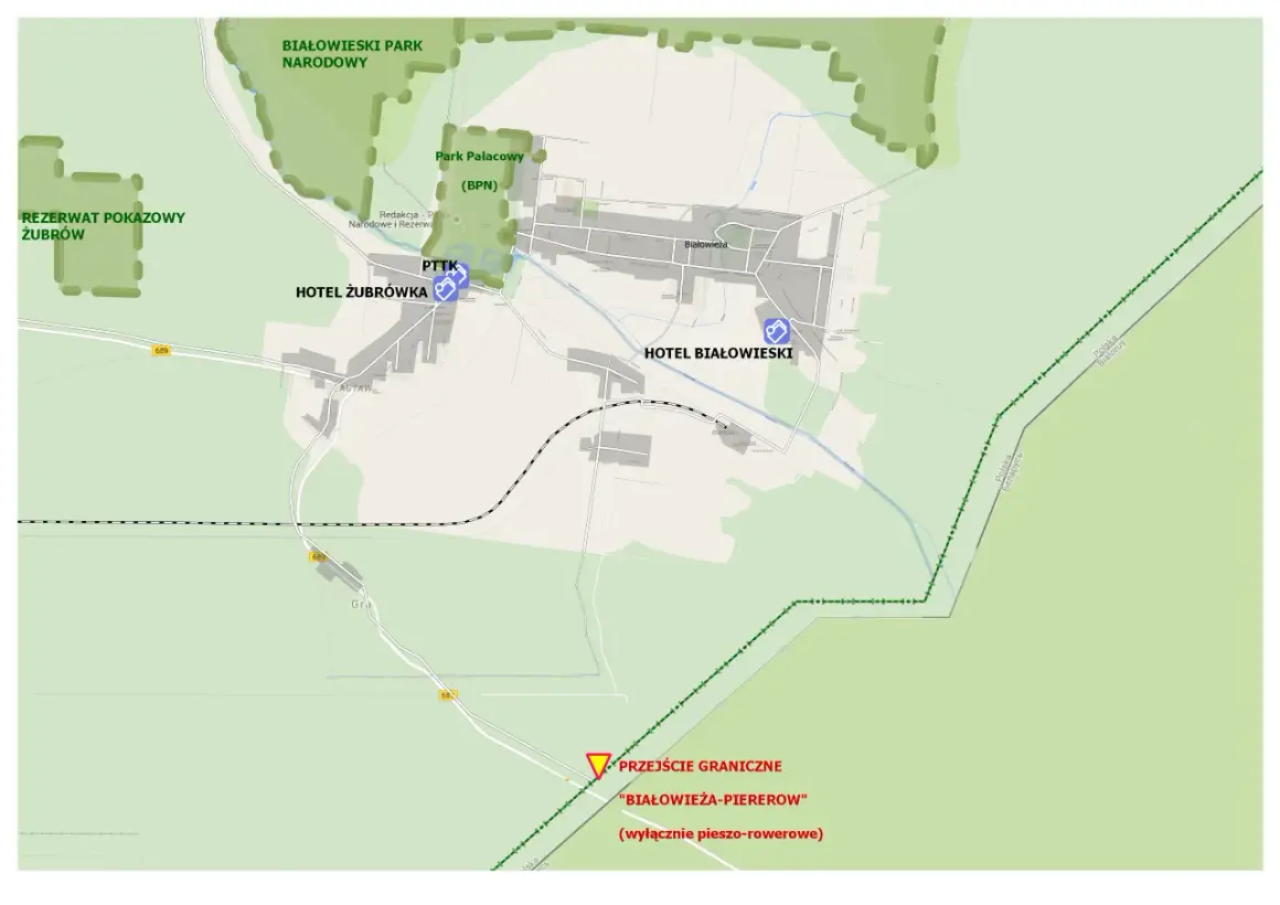 Mapa Białowieży: Rezerwat Żubrów, Park Pałacowy, hotele Żubrówka i Białowieski, przejście graniczne pieszo-rowerowe. Puszcza Białowieska wita!