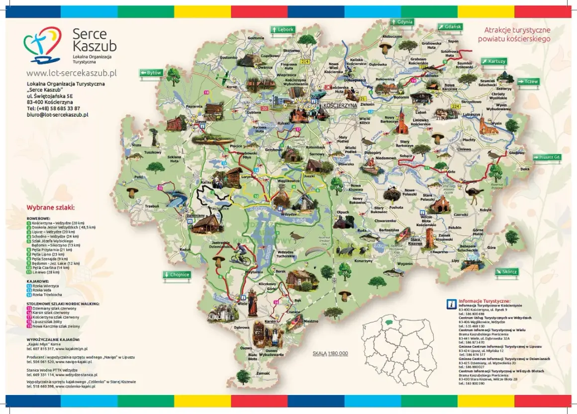 Mapa pokazuje, gdzie są Kaszuby, z zaznaczonymi szlakami rowerowymi, kajakowymi i pieszymi w powiecie kościerskim.