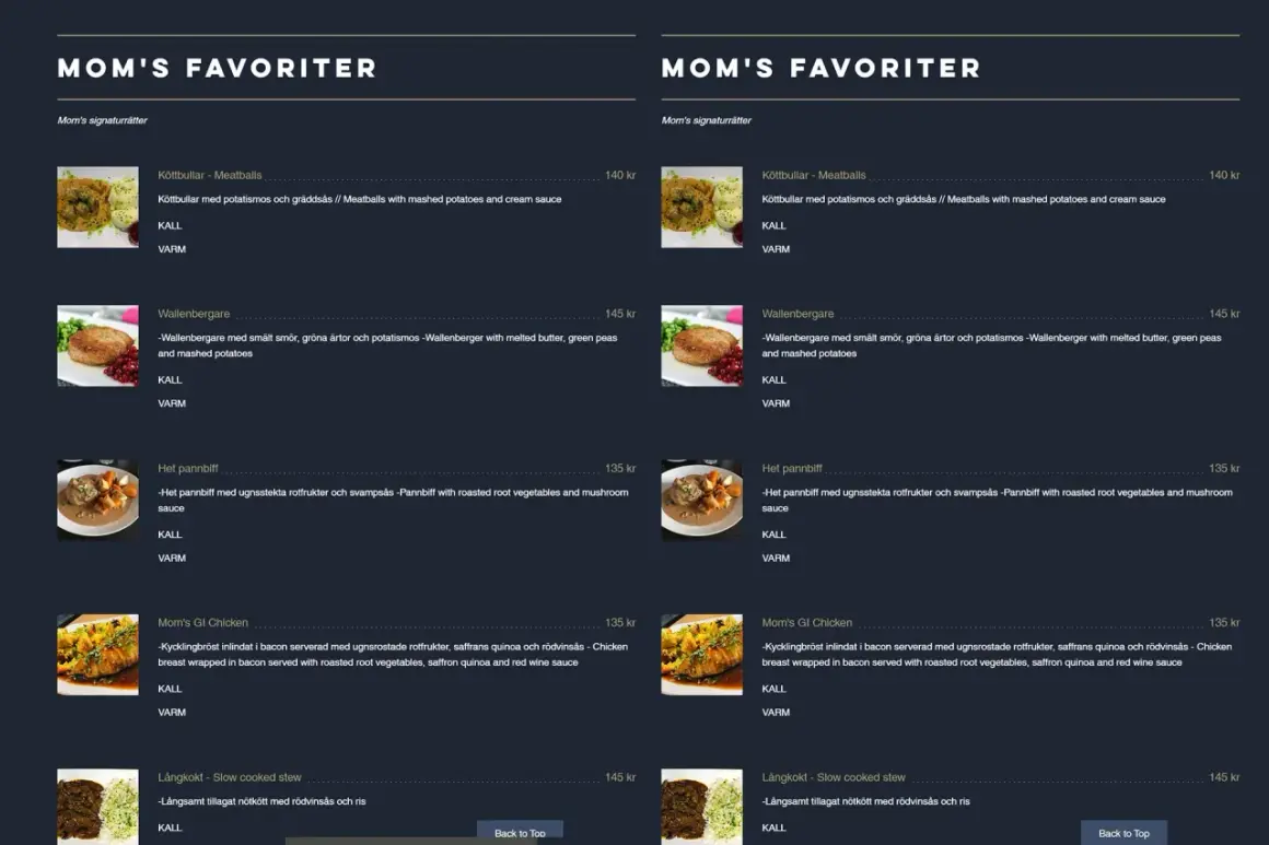 Menu "Mom's Favoriter" pokazuje dania główne, np. klopsiki za 140 kr. Ile kosztuje obiad w Szwecji? Ceny dań wahają się od 135 do 145 kr.