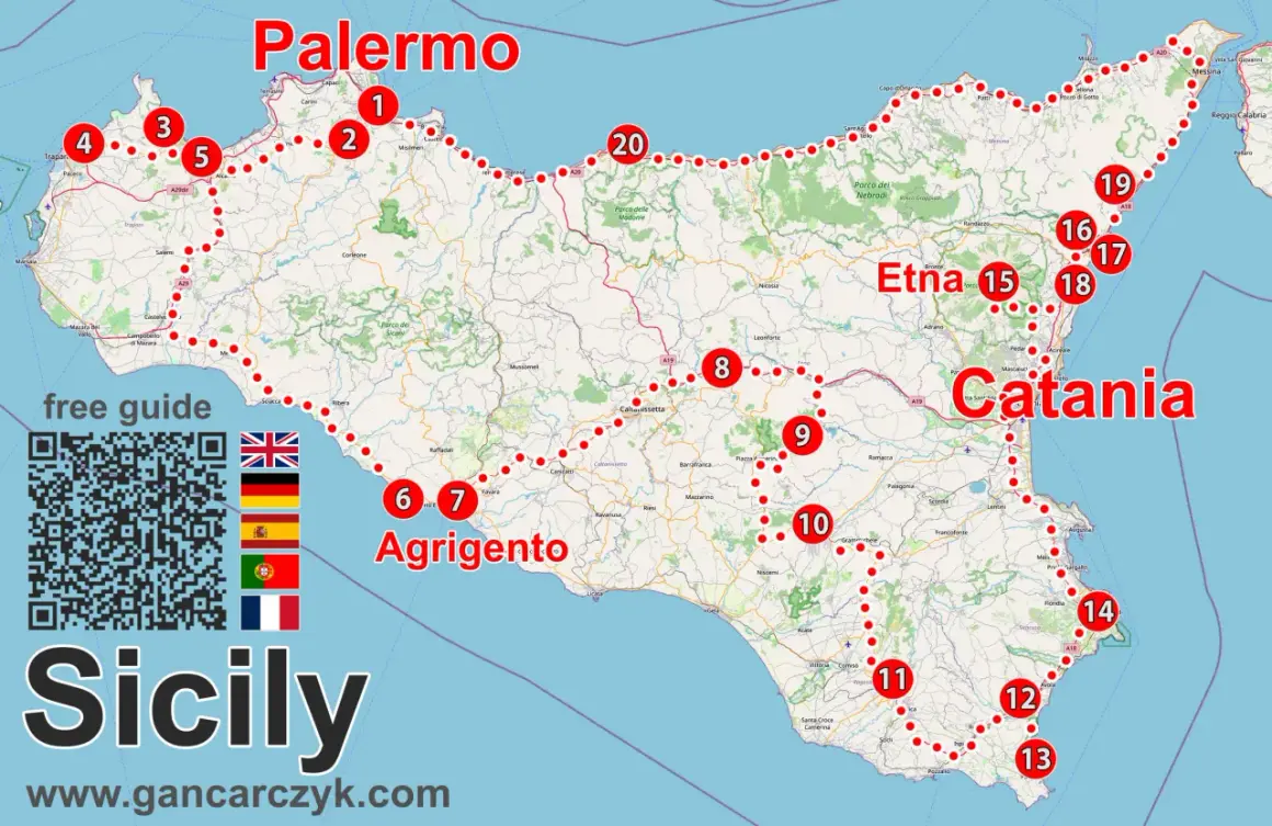 Mapa Sycylii z zaznaczonym Palermo na północnym wybrzeżu, Etna i Katania na wschodzie, Agrigento na południu. Gdzie leży Palermo? Na północy wyspy.