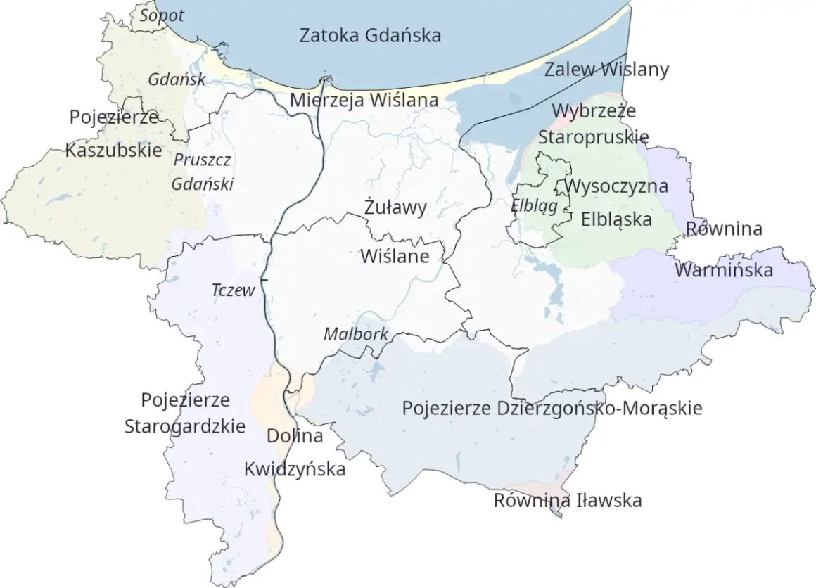 Mapa regionu z zaznaczonymi Żuławami Wiślanymi, Zalewem Wiślanym i innymi atrakcjami przyrodniczymi.