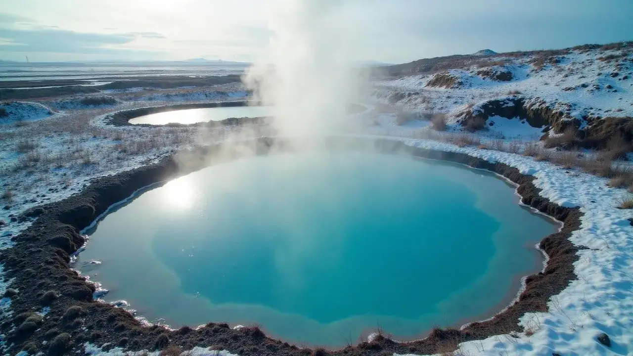 Islandia gorące źródła: turkusowa woda paruje w zimowym krajobrazie.