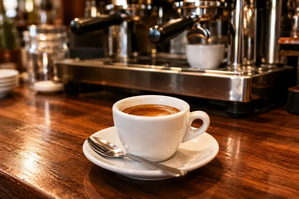 Pyszne espresso na drewnianym blacie. Zastanawiasz się, ile kosztuje kawa we Włoszech?