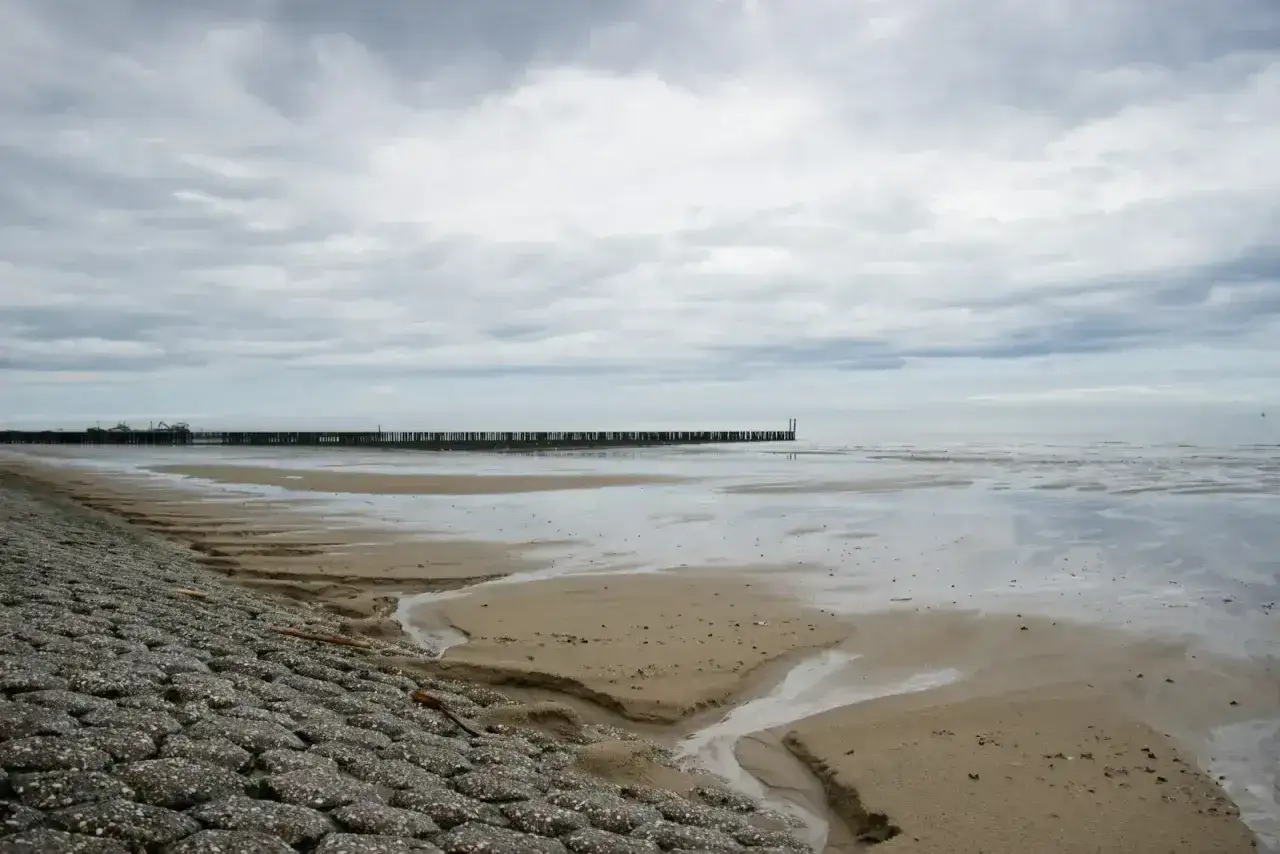 Szare chmury nad morzem w Holandii. Pusta plaża z kamiennym falochronem i drewnianymi palikami w wodzie.