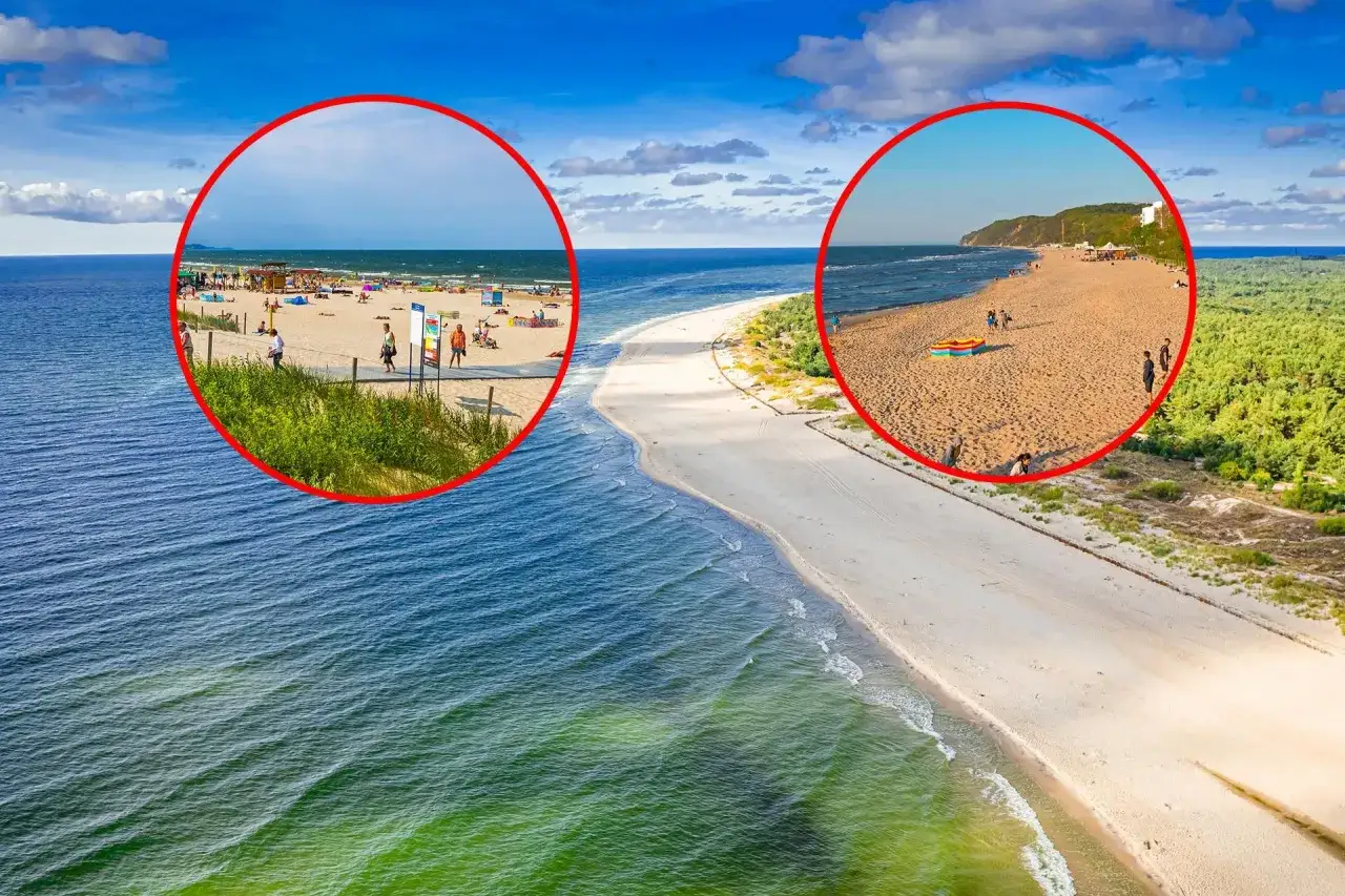 Dwa ujęcia plaż nad Bałtykiem, porównanie gdzie najcieplej nad morzem. Widać ludzi, morze i plażę.