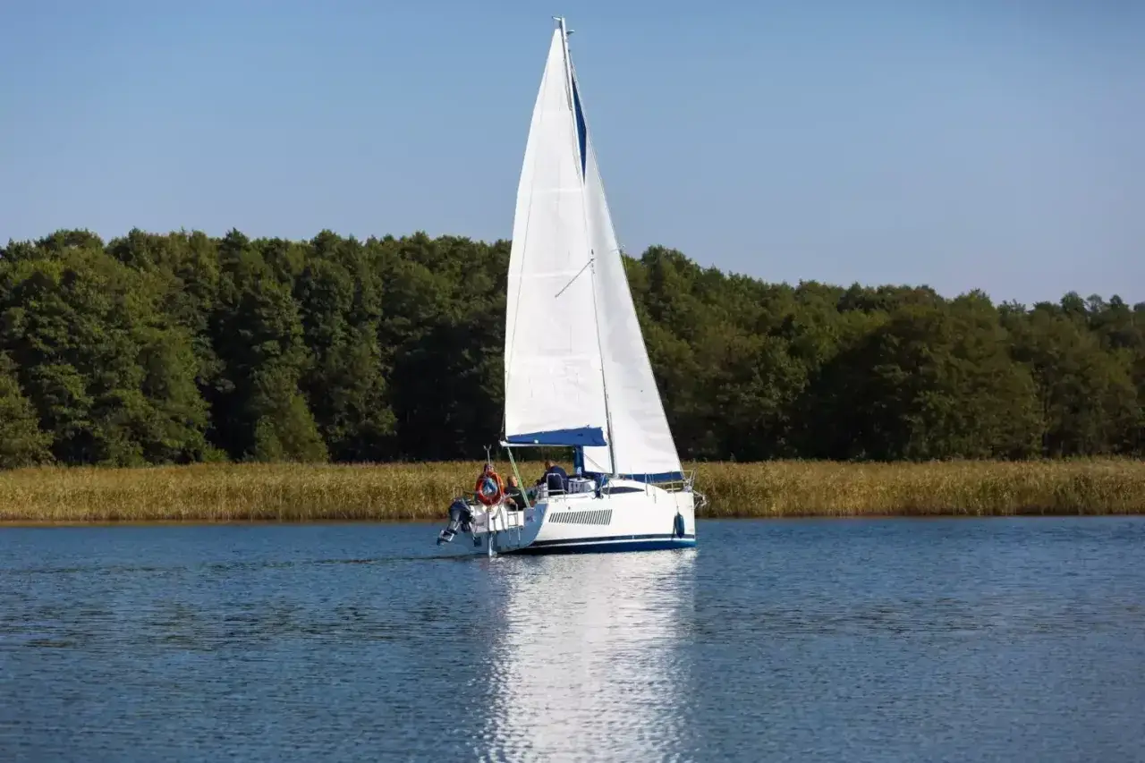 Biały żagiel na spokojnym jeziorze, idealny na weekendowe Mazury. W tle zielony las i trzciny.
