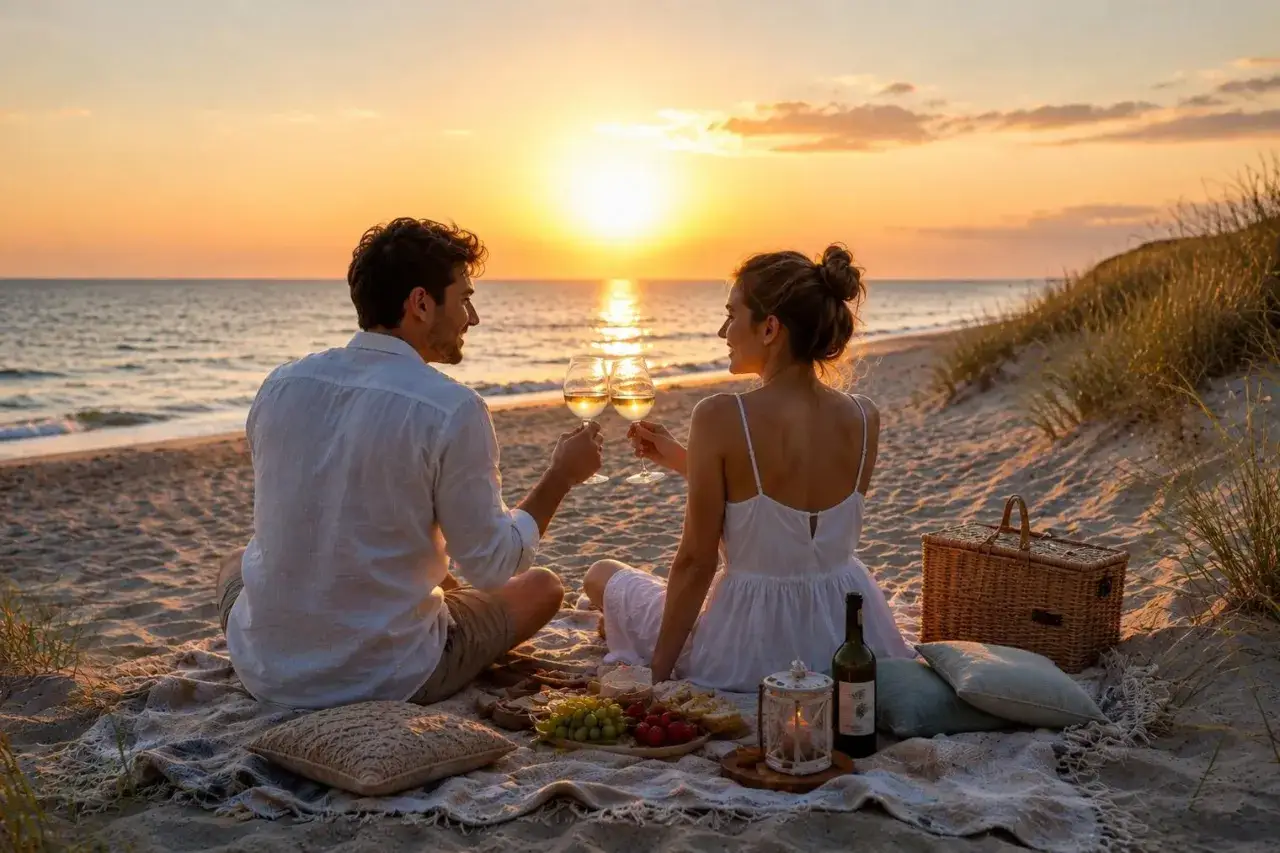 Para dwojga wznosi toasty winem na plaży o zachodzie słońca. Idealne, fajne miejsce nad morzem dla dwojga na romantyczny piknik.