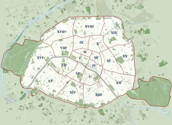 Mapa Paryża z podziałem na dzielnice. Dzielnica 13, choć na mapie wygląda na spokojną, wymaga szczególnej uwagi w kwestii bezpieczeństwa.