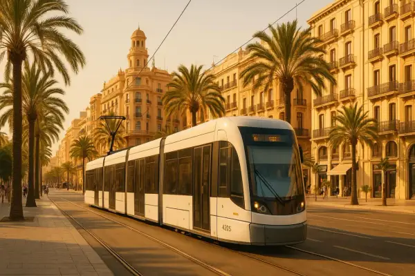 Nowoczesny tramwaj jedzie ulicą w Walencji, otoczoną palmami i zabytkowymi kamienicami.