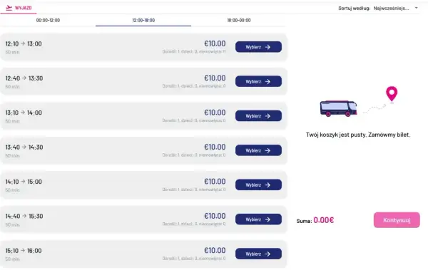 Rozkład jazdy z Mediolanu do Bergamo. Dostępne kursy co 30 minut, każdy za 10€.
