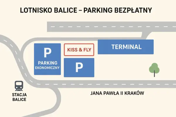 Plan lotniska Balice: parking ekonomiczny, Kiss & Fly, terminal, stacja Balice. Bezpłatny parking to świetna opcja!
