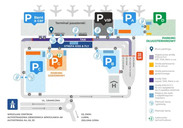 Mapa lotniska Wrocław: parkingi VIP, godzinowe, długoterminowe, Kiss & Fly. Znajdź darmowy parking lotnisko Wrocław.